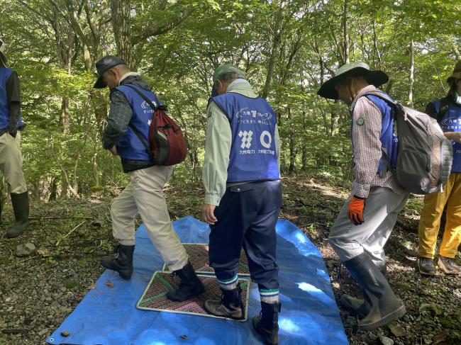 参加者も外来種の種を湿原に持ち込まないよう、除去マットで靴裏を洗浄します