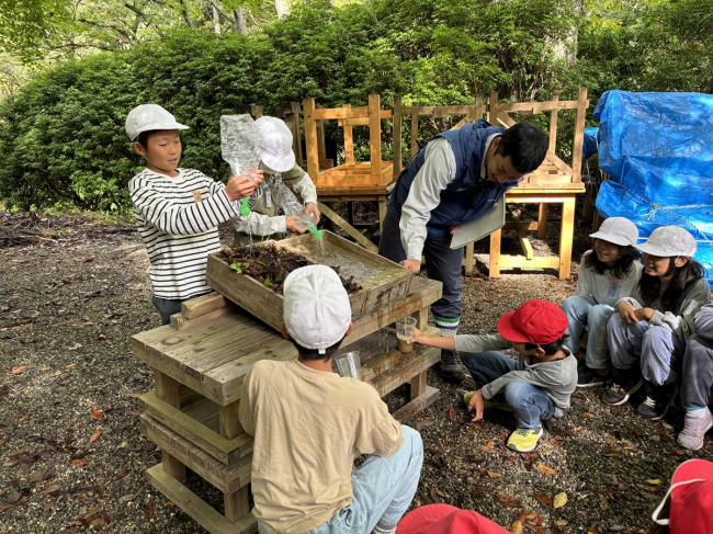 森の実験だよ。流れる水の速さ、量、色、位置はどうかな？