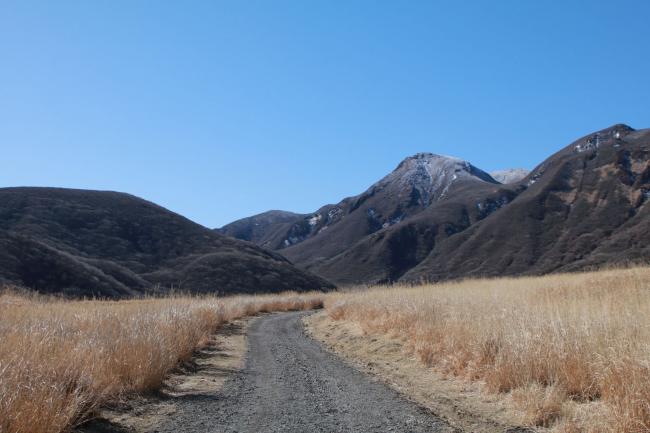 野焼き前、黄金色の湿原、山肌には雪も